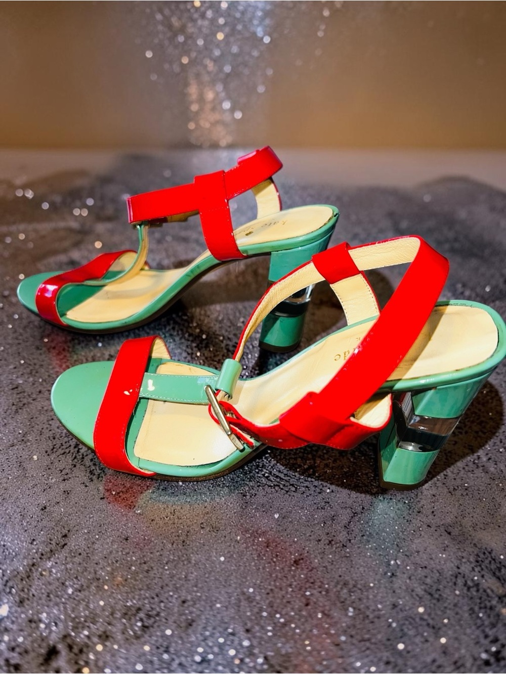 Kate Spade Patricia Patent Leather T-Strap Block Heel Sandals 7.5 B